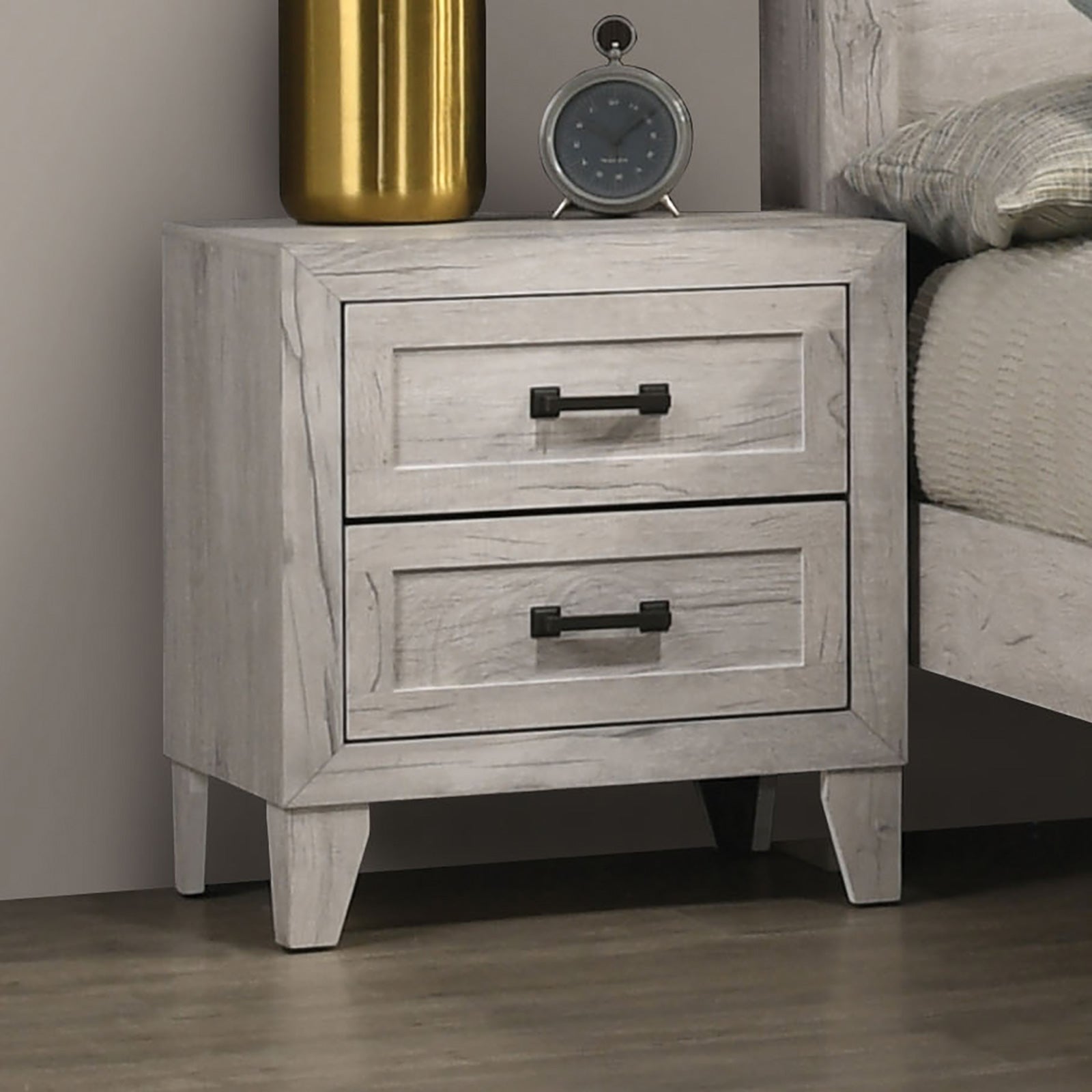 3pc Bedroom Furniture White wash Finish Queen Size Bed w Shelf Light 2x Nightstands Melamine Top Black Bar Pull