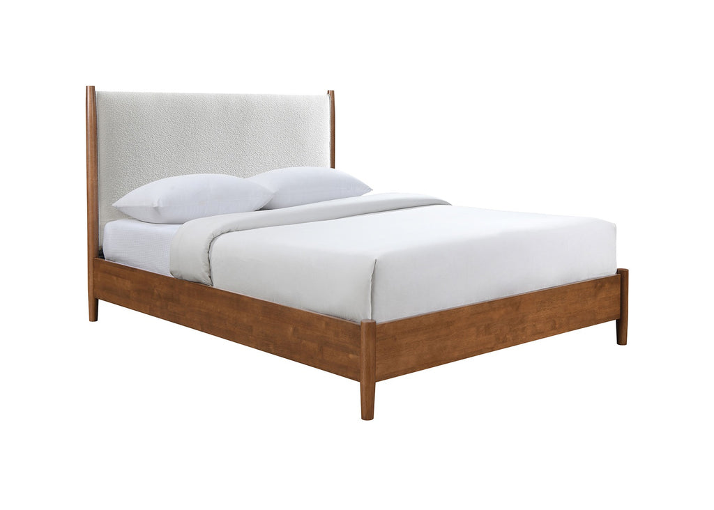 Walnut Color 3pc Bedroom Set Eastern King Size Bed 2x Nightstands Beige Upholstered Fabric Panel HB Mid-Century Modern Style