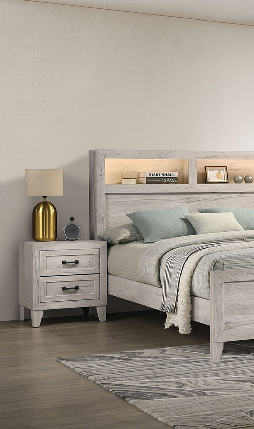 3pc Bedroom Furniture White wash Finish Queen Size Bed w Shelf Light 2x Nightstands Melamine Top Black Bar Pull