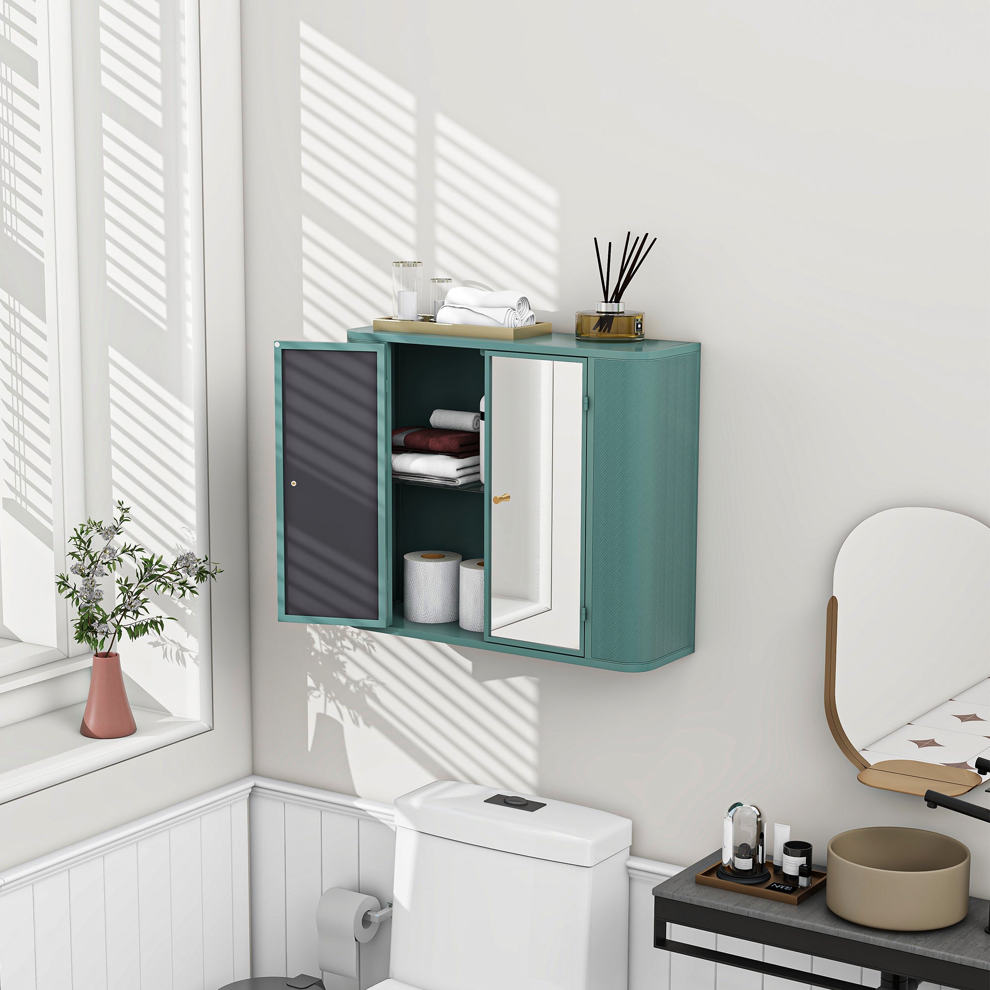 Army Green Wall-Mounted Bathroom Cabinet with Mirror, 2 Mirrored Doors & Open Shelf, Farmhouse Metal Frame Storage Cabinet with Open Compartment for Vanity, Toilet & Over-the-Sink