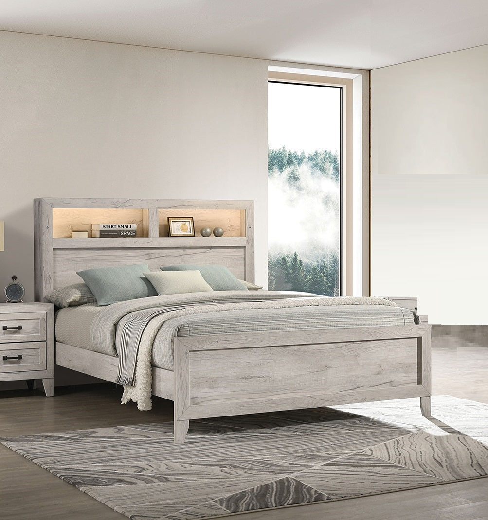 3pc Bedroom Furniture White wash Finish Queen Size Bed w Shelf Light 2x Nightstands Melamine Top Black Bar Pull
