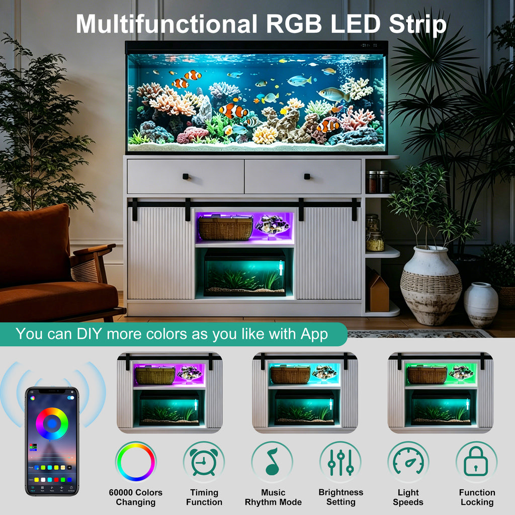 75 Gallon Fish Tank Stand with LED Light &Power Outlets, 55-75 Gallon Aquarium Stand with Sliding Fluted Doors, 2 Large Cabinet and Storage Shelves, Cabinet for 2 Fish Tank Accessories Storage,1200 LB
