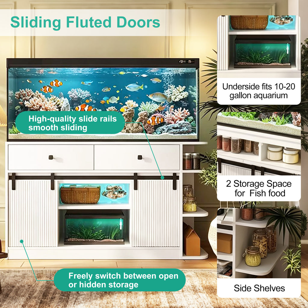 75 Gallon Fish Tank Stand with LED Light &Power Outlets, 55-75 Gallon Aquarium Stand with Sliding Fluted Doors, 2 Large Cabinet and Storage Shelves, Cabinet for 2 Fish Tank Accessories Storage,1200 LB