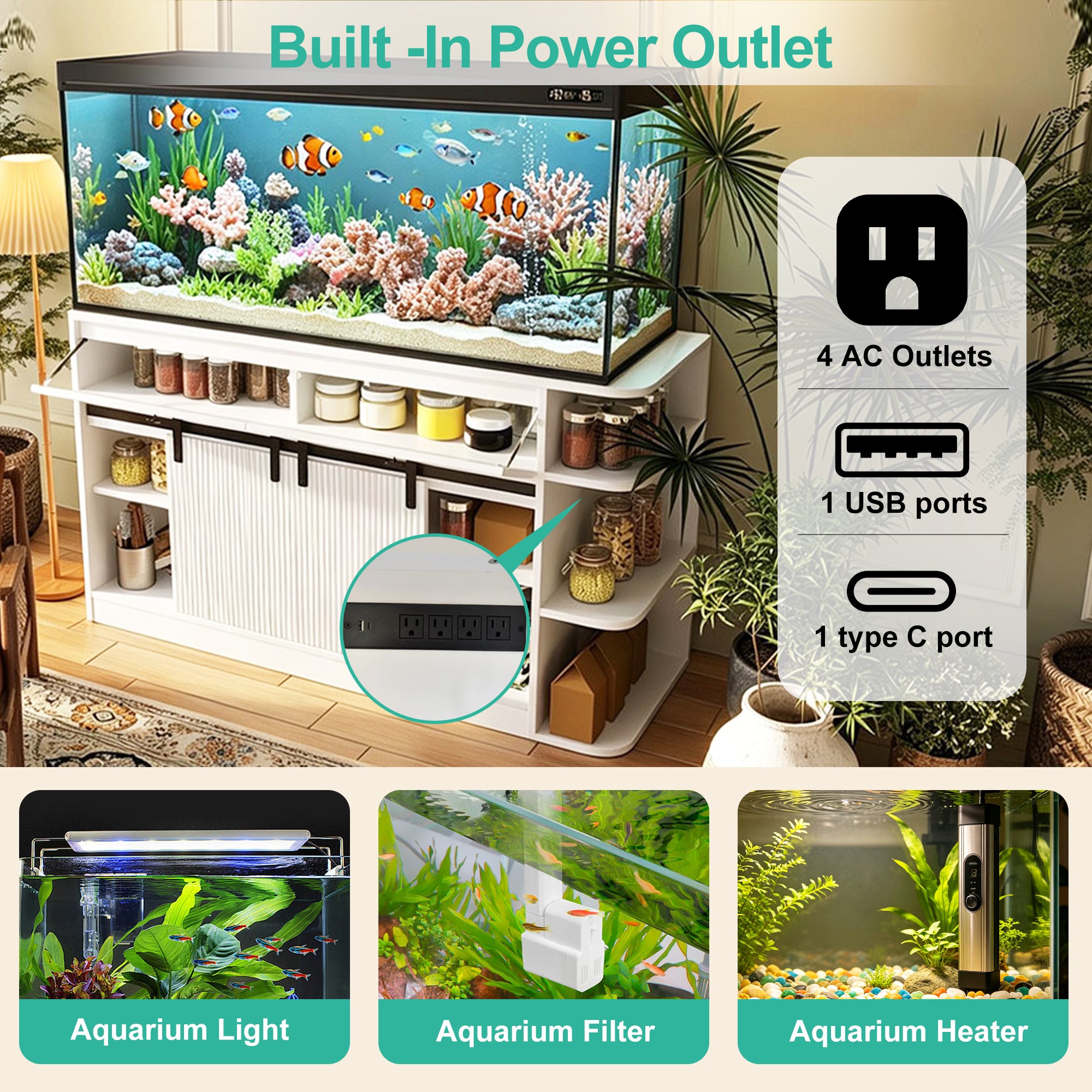 75 Gallon Fish Tank Stand with LED Light &Power Outlets, 55-75 Gallon Aquarium Stand with Sliding Fluted Doors, 2 Large Cabinet and Storage Shelves, Cabinet for 2 Fish Tank Accessories Storage,1200 LB