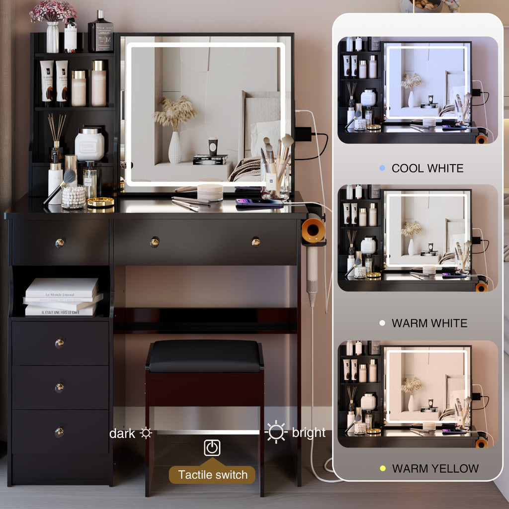 37" Left Drawer Desktop Vanity Table + Cushioned Stool, 2 AC+2 USB Socket, Hair Dryer Stand, Large Touch Control LED Sliding Mirror, 3-color Switch Makeup Dressing Set, EPA, GCC, UL Certificate