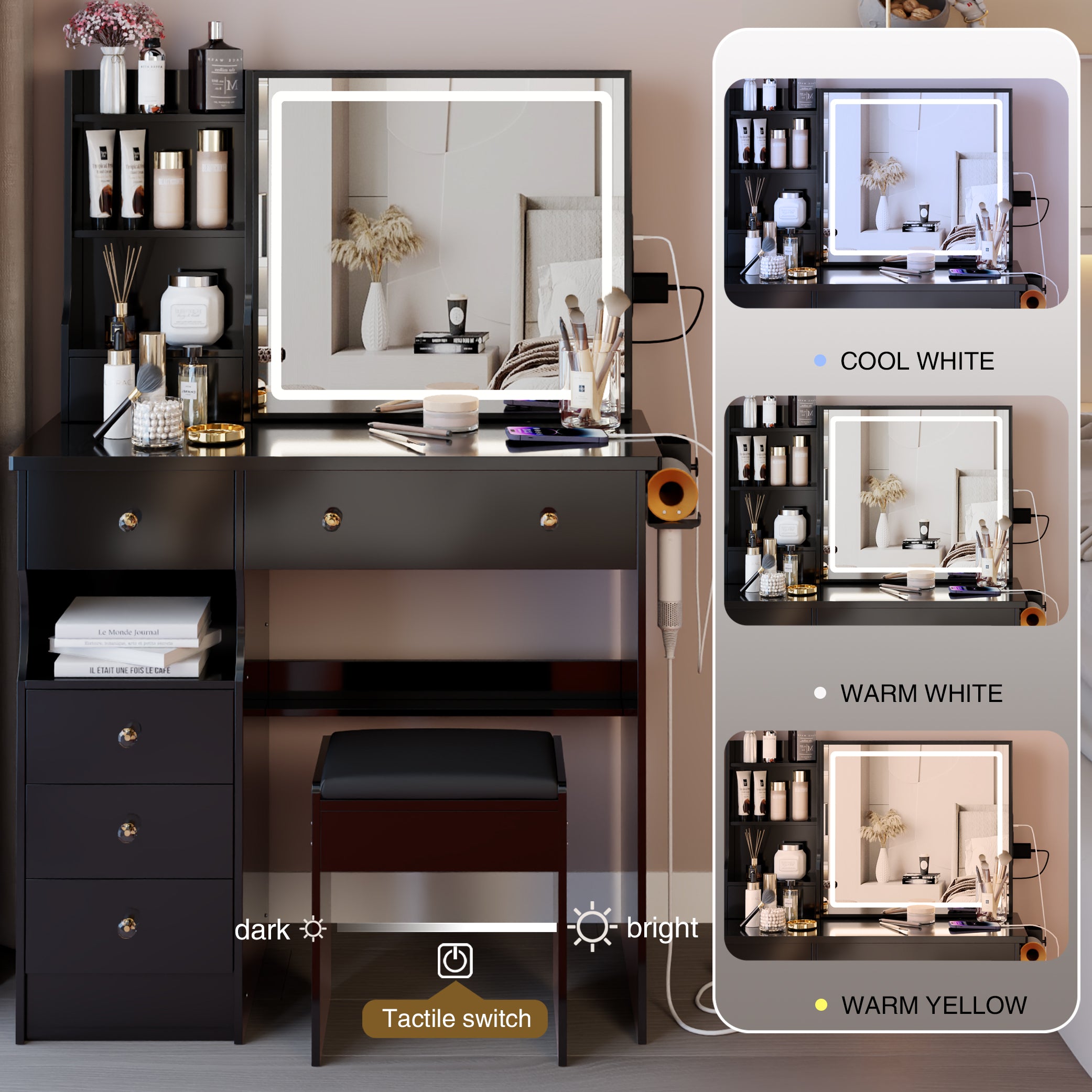 37" Left Drawer Desktop Vanity Table + Cushioned Stool, 2 AC+2 USB Socket, Hair Dryer Stand, Large Touch Control LED Sliding Mirror, 3-color Switch Makeup Dressing Set, EPA, GCC, UL Certificate