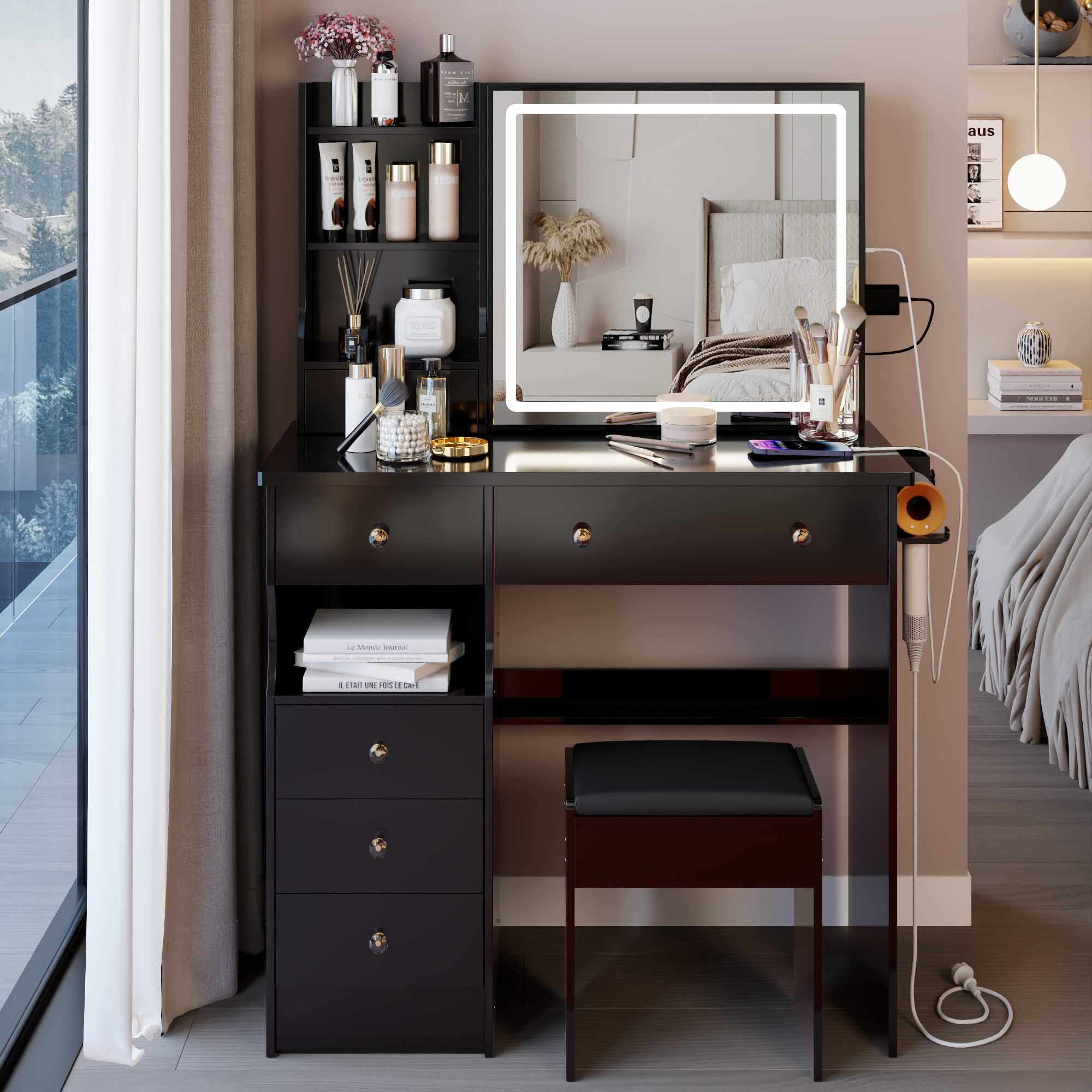 37" Left Drawer Desktop Vanity Table + Cushioned Stool, 2 AC+2 USB Socket, Hair Dryer Stand, Large Touch Control LED Sliding Mirror, 3-color Switch Makeup Dressing Set, EPA, GCC, UL Certificate