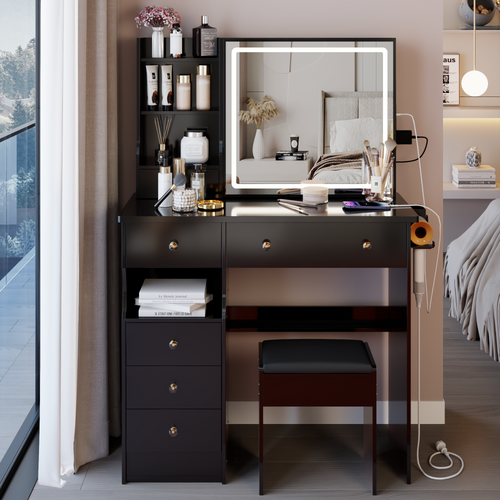 37" Left Drawer Desktop Vanity Table + Cushioned Stool, 2 AC+2 USB Socket, Hair Dryer Stand, Large Touch Control LED Sliding Mirror, 3-color Switch Makeup Dressing Set, EPA, GCC, UL Certificate