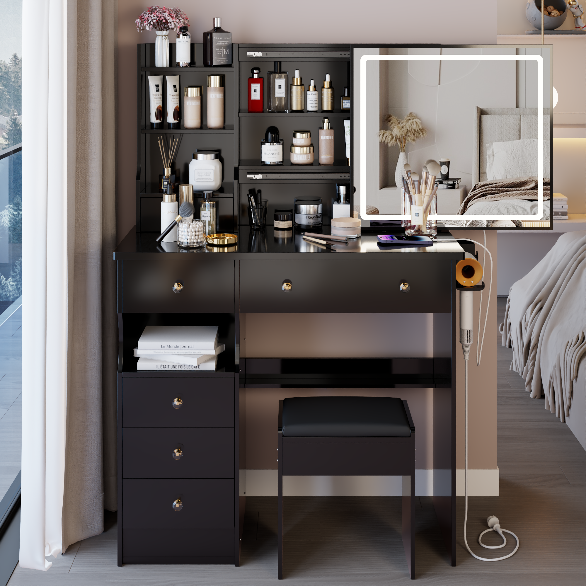 37" Left Drawer Desktop Vanity Table + Cushioned Stool, 2 AC+2 USB Socket, Hair Dryer Stand, Large Touch Control LED Sliding Mirror, 3-color Switch Makeup Dressing Set, EPA, GCC, UL Certificate