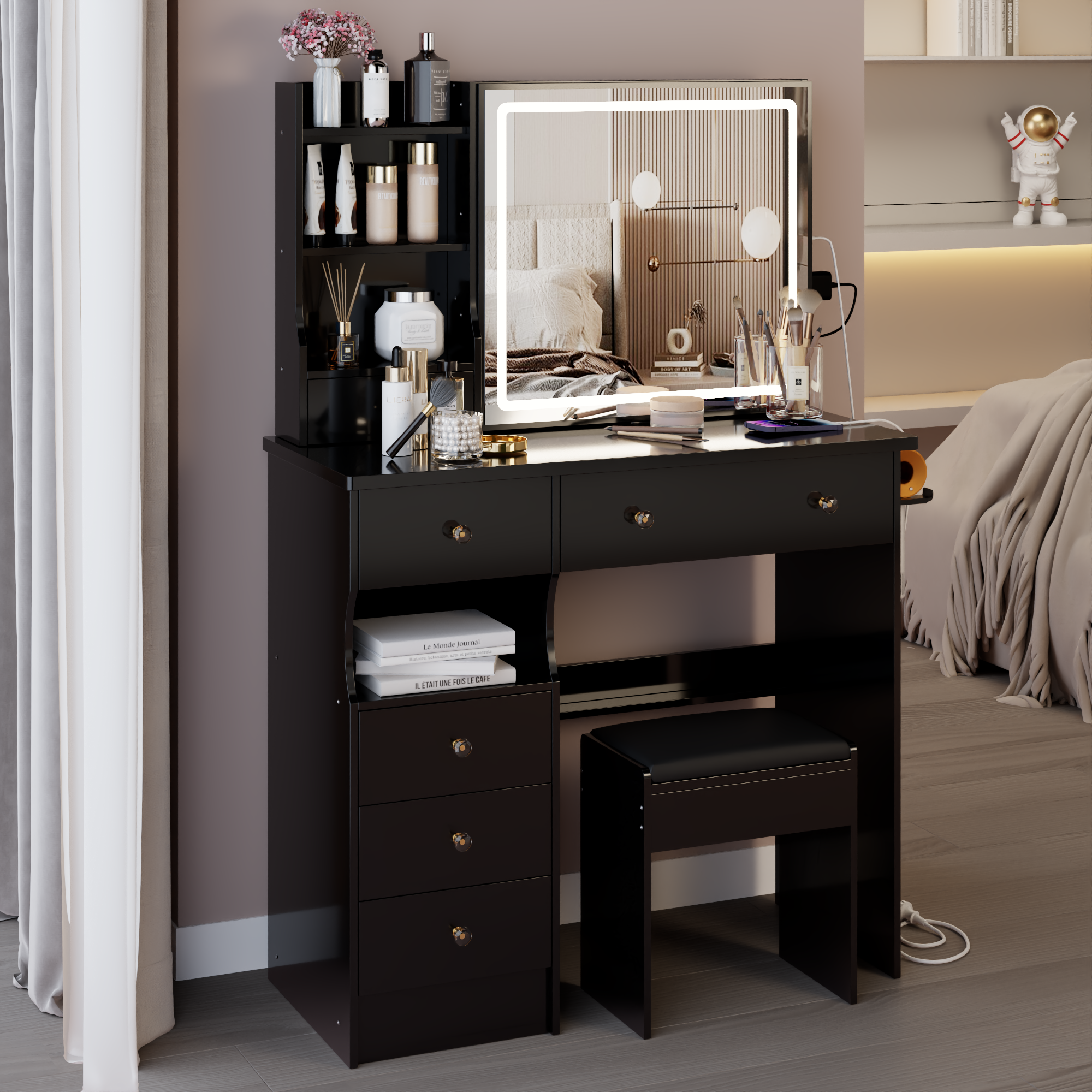 37" Left Drawer Desktop Vanity Table + Cushioned Stool, 2 AC+2 USB Socket, Hair Dryer Stand, Large Touch Control LED Sliding Mirror, 3-color Switch Makeup Dressing Set, EPA, GCC, UL Certificate