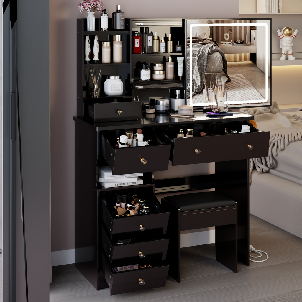 37" Left Drawer Desktop Vanity Table + Cushioned Stool, 2 AC+2 USB Socket, Hair Dryer Stand, Large Touch Control LED Sliding Mirror, 3-color Switch Makeup Dressing Set, EPA, GCC, UL Certificate