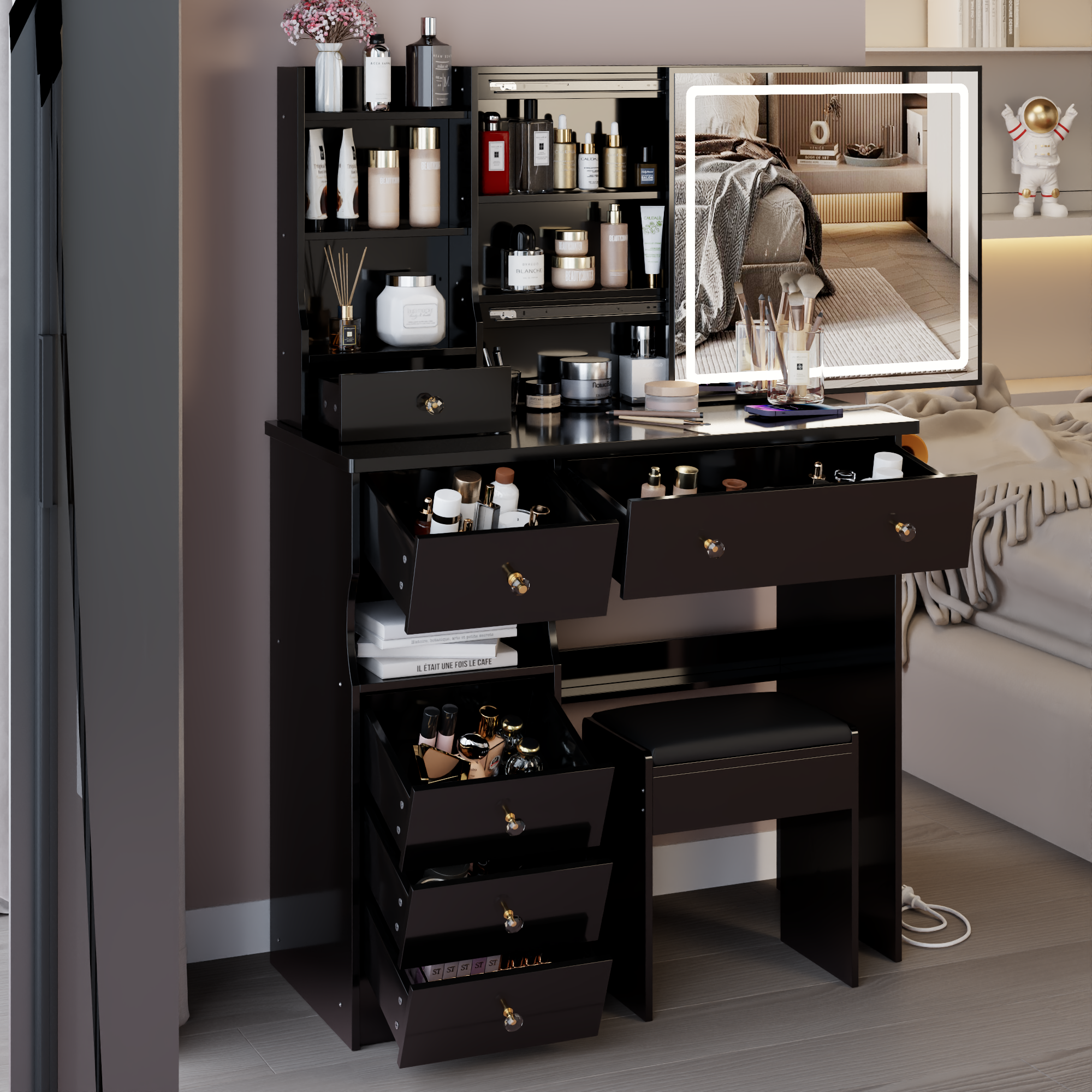 37" Left Drawer Desktop Vanity Table + Cushioned Stool, 2 AC+2 USB Socket, Hair Dryer Stand, Large Touch Control LED Sliding Mirror, 3-color Switch Makeup Dressing Set, EPA, GCC, UL Certificate