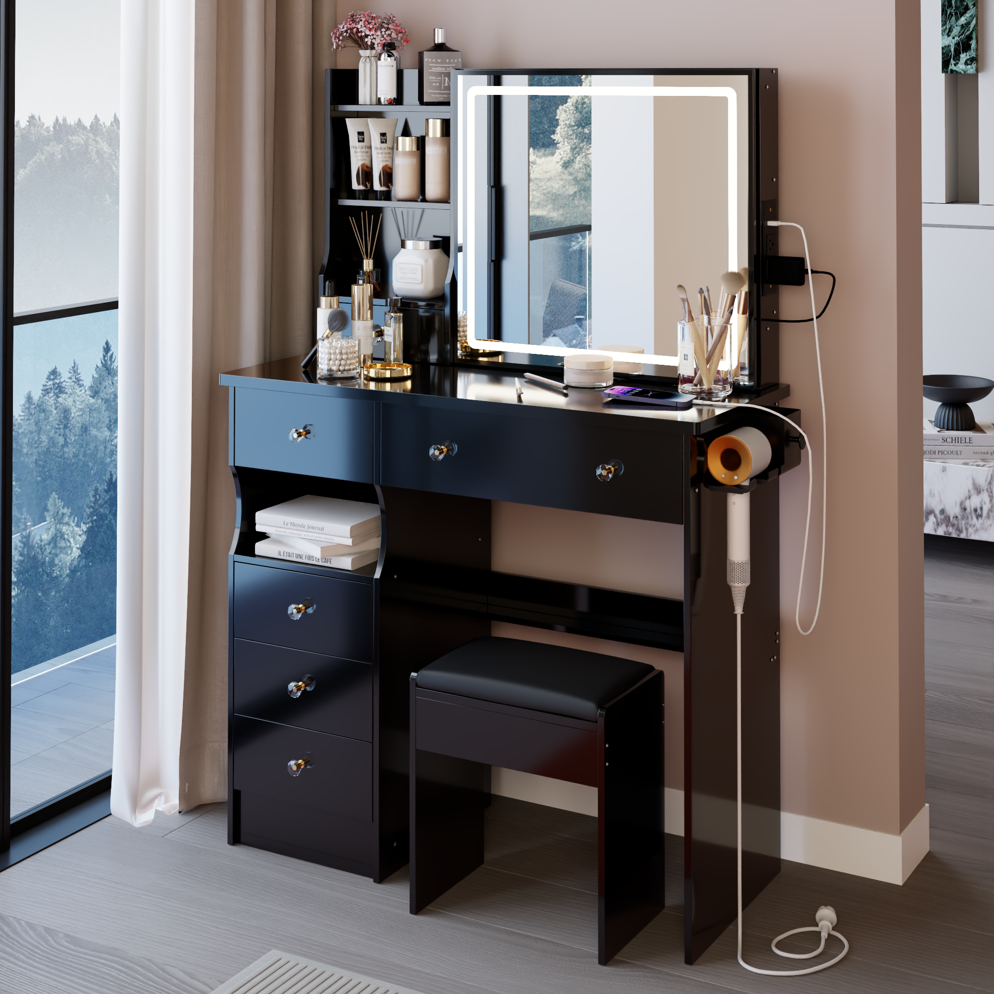 37" Left Drawer Desktop Vanity Table + Cushioned Stool, 2 AC+2 USB Socket, Hair Dryer Stand, Large Touch Control LED Sliding Mirror, 3-color Switch Makeup Dressing Set, EPA, GCC, UL Certificate