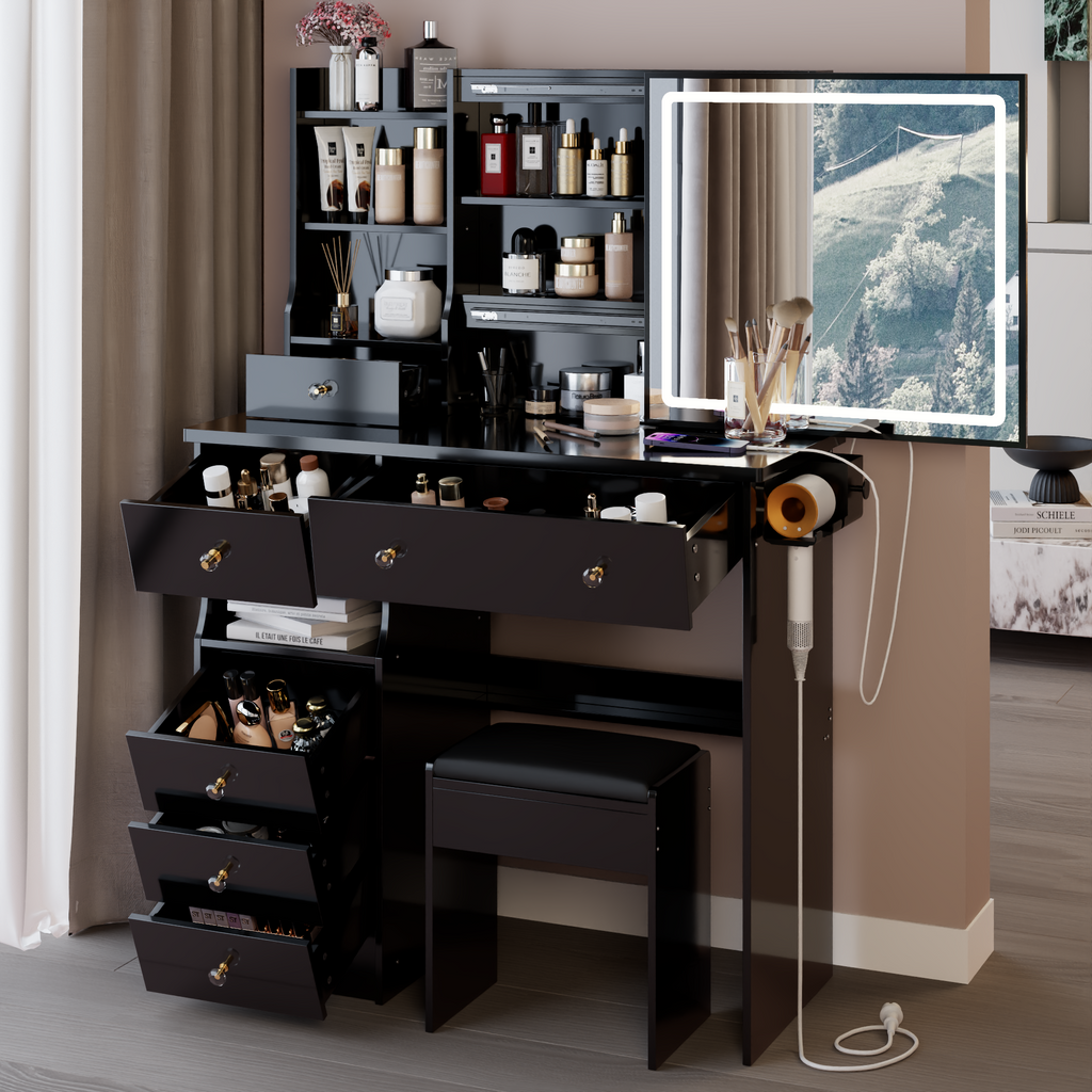 37" Left Drawer Desktop Vanity Table + Cushioned Stool, 2 AC+2 USB Socket, Hair Dryer Stand, Large Touch Control LED Sliding Mirror, 3-color Switch Makeup Dressing Set, EPA, GCC, UL Certificate