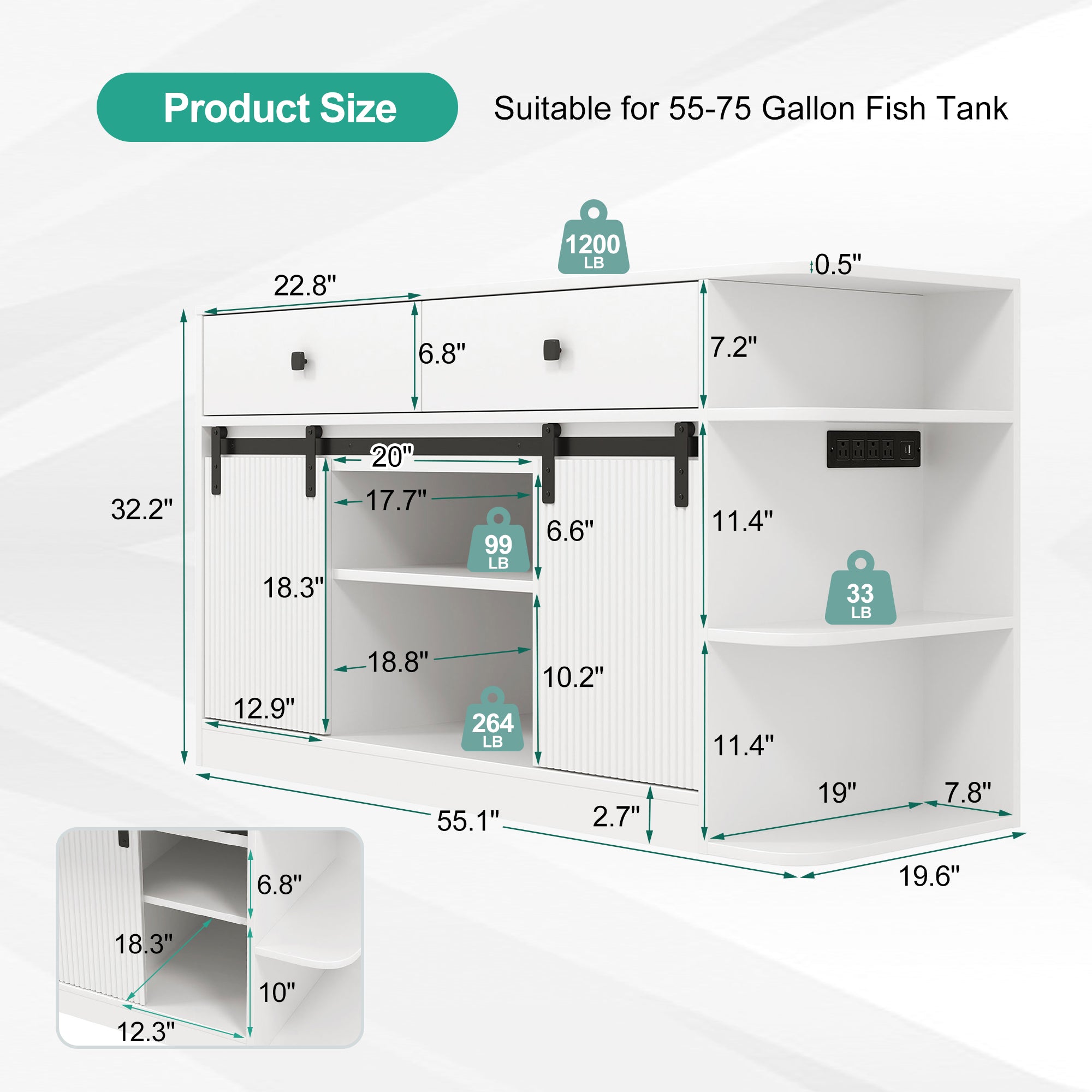 75 Gallon Fish Tank Stand with LED Light &Power Outlets, 55-75 Gallon Aquarium Stand with Sliding Fluted Doors, 2 Large Cabinet and Storage Shelves, Cabinet for 2 Fish Tank Accessories Storage,1200 LB